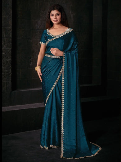 Beautiful Teal Blue Zircon Work Satin Designer Saree With Blouse